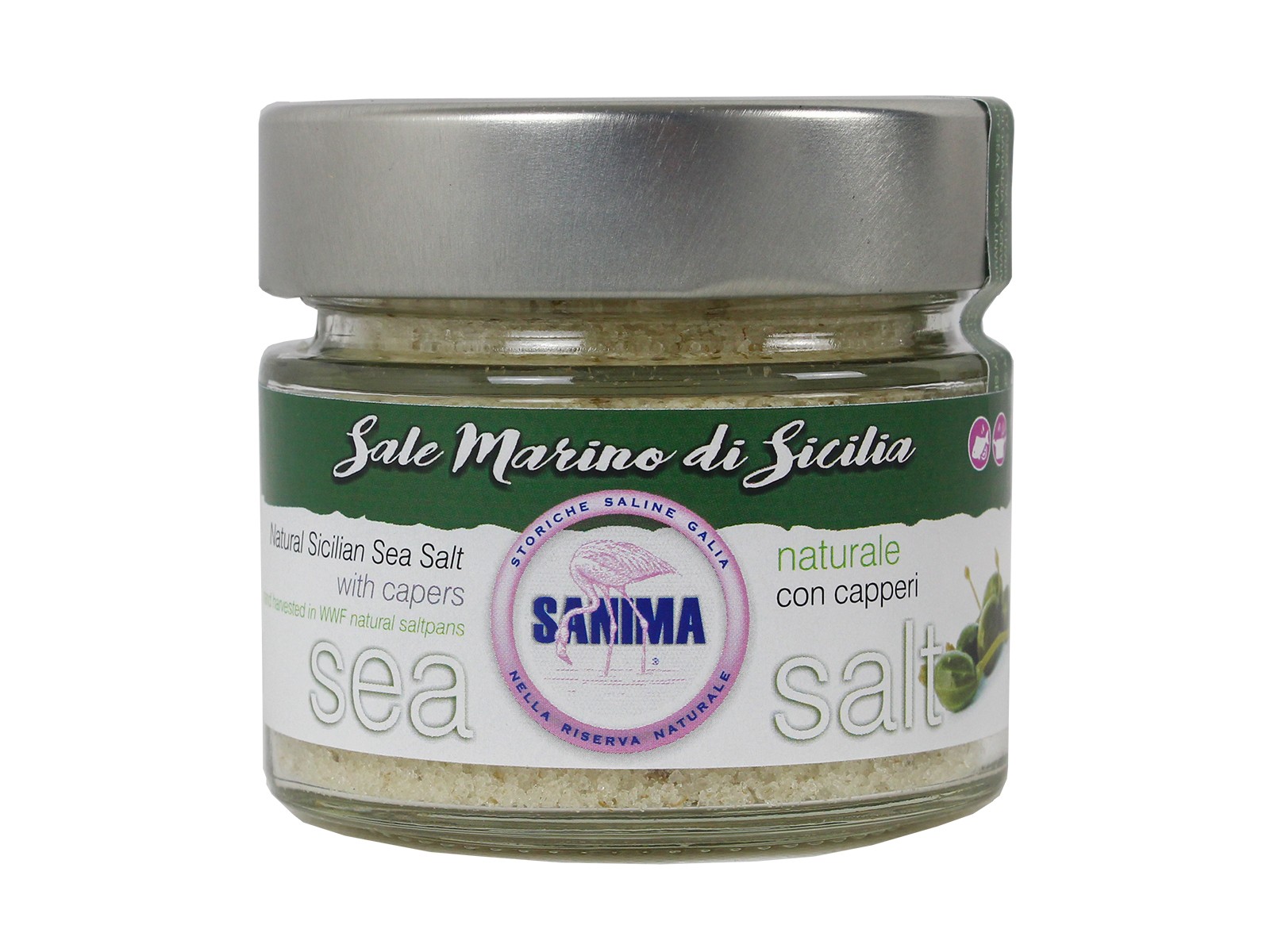 FINE GROUND SEASONED SALT WITH CAPERS ON GLASS